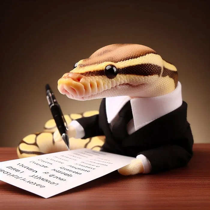 Bing Image Generator prompt: a concentrated cute python wearing a suit that is picking a name from a list