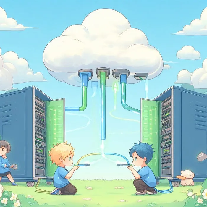 Bing Image Generator prompt: switching connection between two different servers in the cloud, anime cartoon